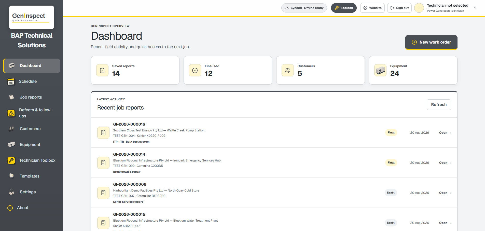 Approved GenInspect desktop dashboard preview using safe demonstration records