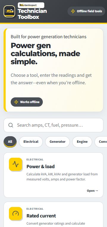 Current GenInspect Technician Toolbox mobile home screen showing offline field calculation tools